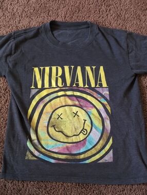 NIRVANA Black Tee with Yellow Logo and Multicolor Smile